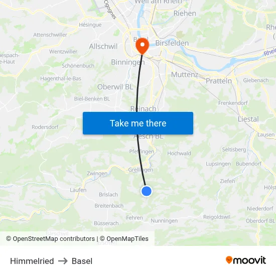 Himmelried to Basel map