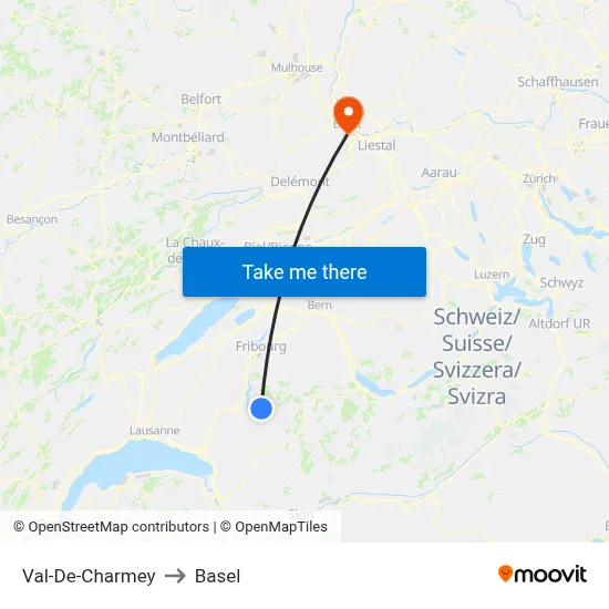 Val-De-Charmey to Basel map
