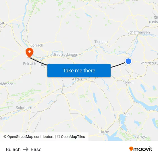 Bülach to Basel map