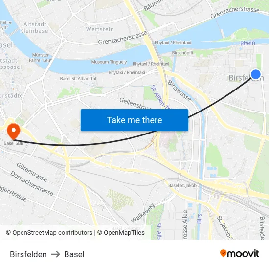 Birsfelden to Basel map