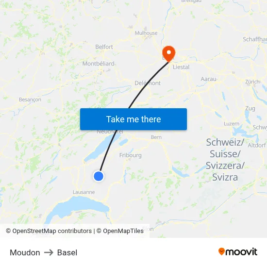 Moudon to Basel map