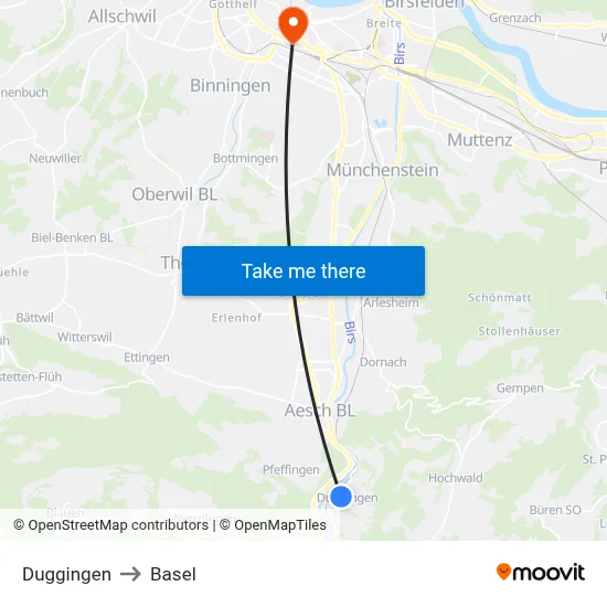 Duggingen to Basel map