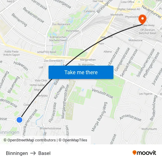 Binningen to Basel map