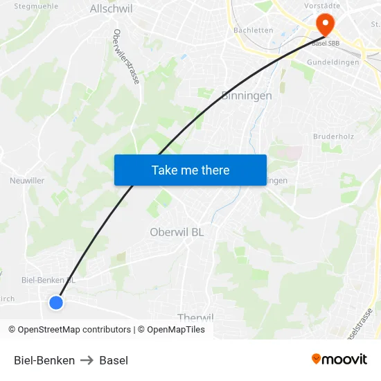 Biel-Benken to Basel map