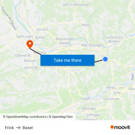 Frick to Basel map