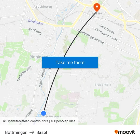 Bottmingen to Basel map