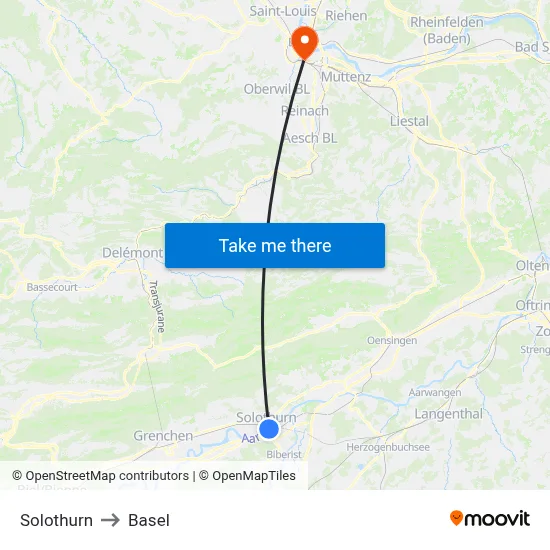 Solothurn to Basel map