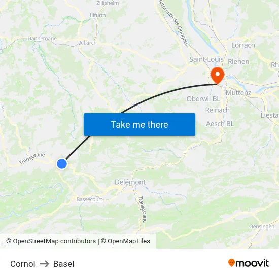 Cornol to Basel map