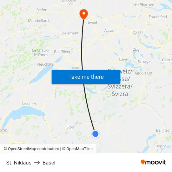 St. Niklaus to Basel map