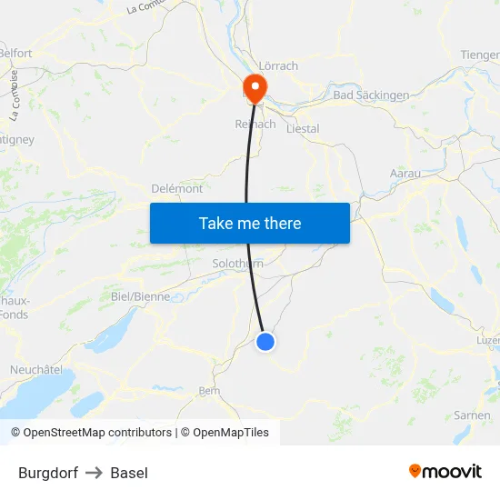 Burgdorf to Basel map