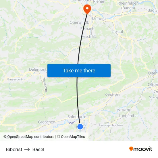 Biberist to Basel map