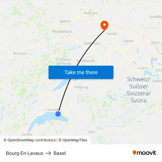 Bourg-En-Lavaux to Basel map