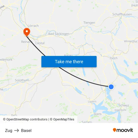 Zug to Basel map