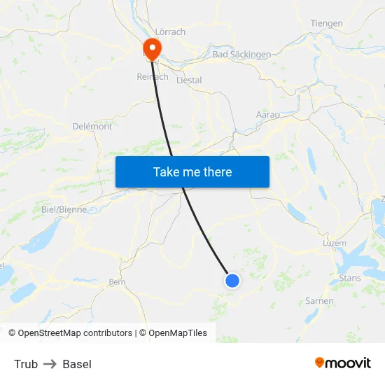 Trub to Basel map