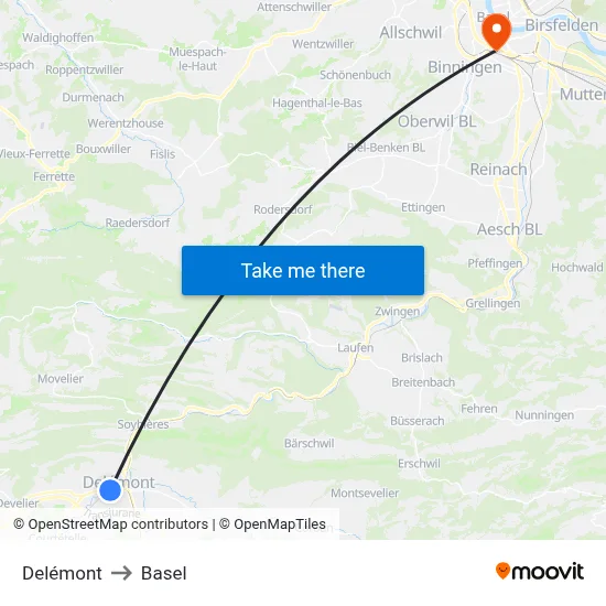 Delémont to Basel map