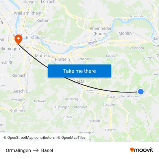 Ormalingen to Basel map