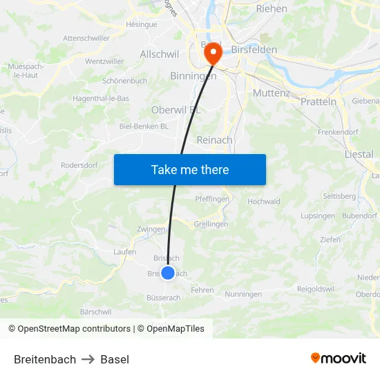 Breitenbach to Basel map