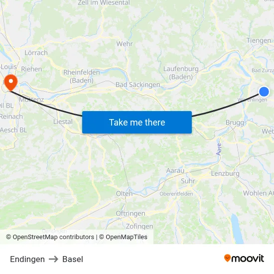 Endingen to Basel map