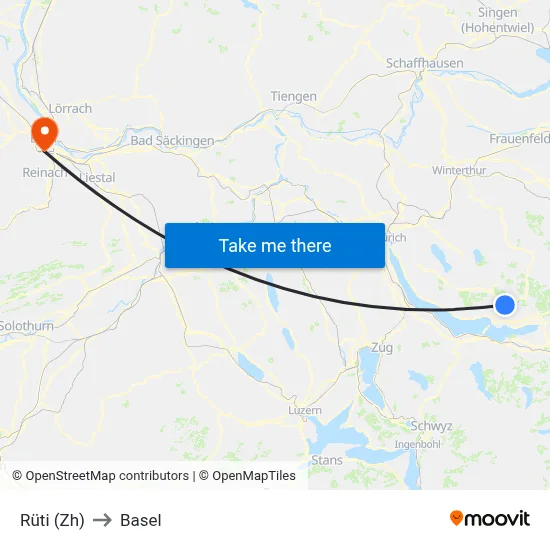 Rüti (Zh) to Basel map