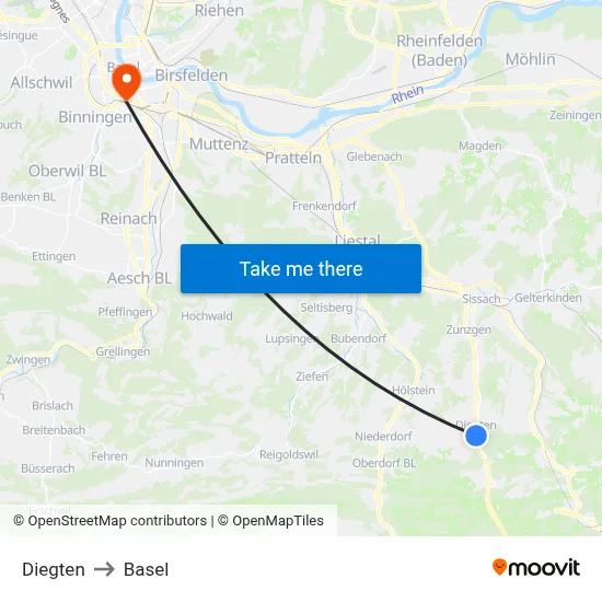 Diegten to Basel map