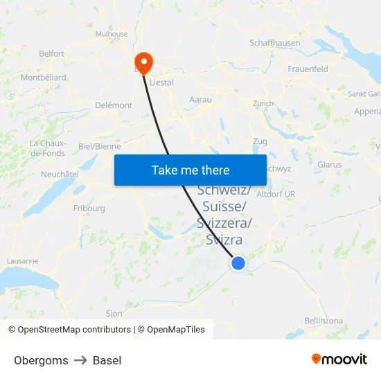 Obergoms to Basel map