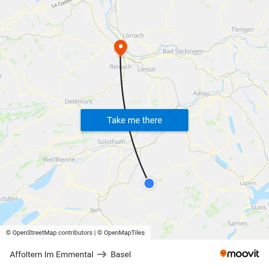 Affoltern Im Emmental to Basel map