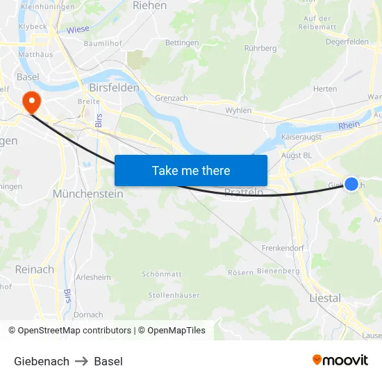 Giebenach to Basel map