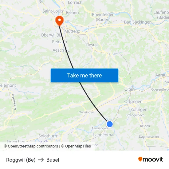 Roggwil (Be) to Basel map