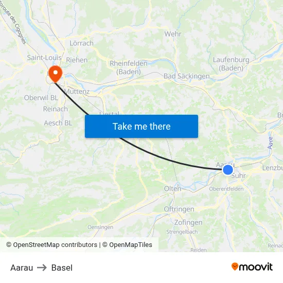 Aarau to Basel map