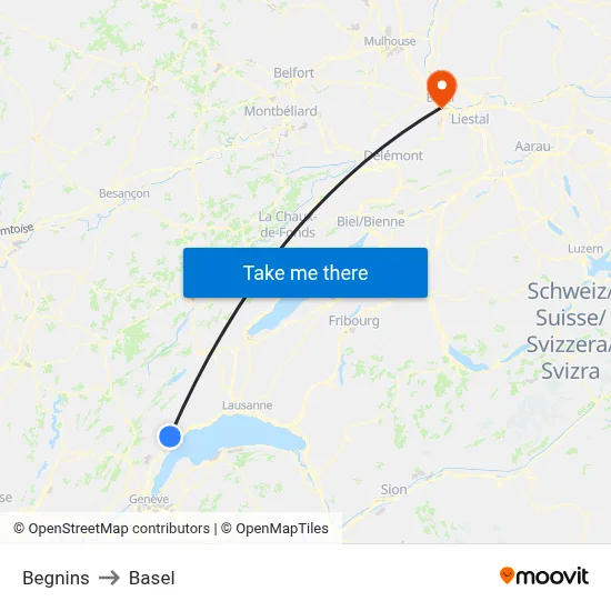 Begnins to Basel map