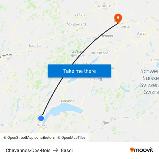 Chavannes-Des-Bois to Basel map