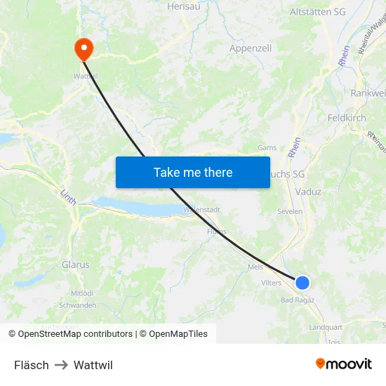 Fläsch to Wattwil map