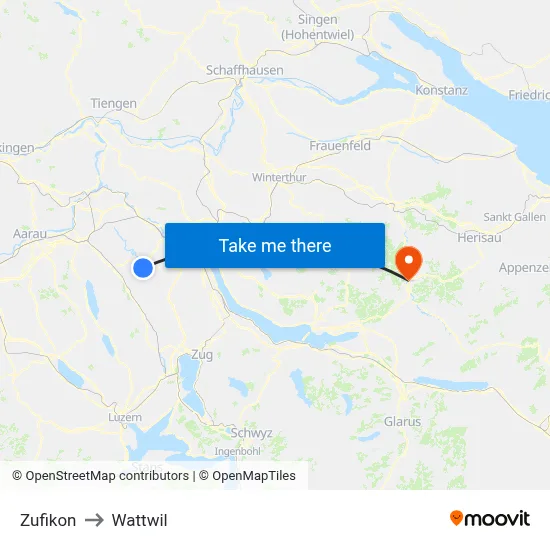Zufikon to Wattwil map