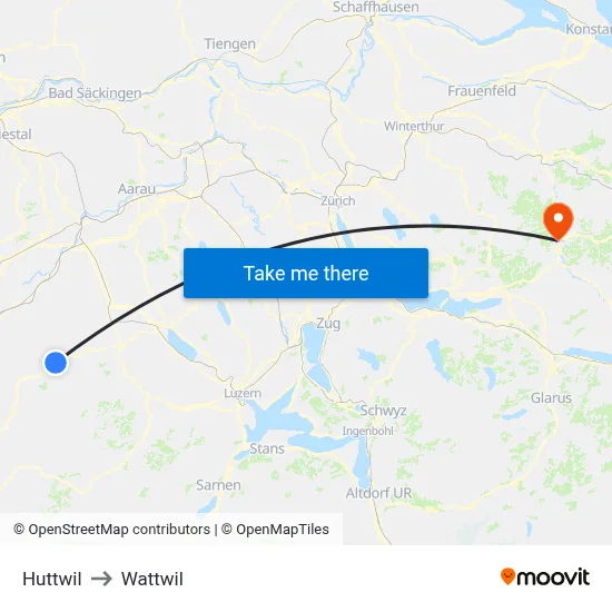 Huttwil to Wattwil map
