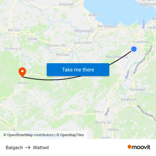 Balgach to Wattwil map