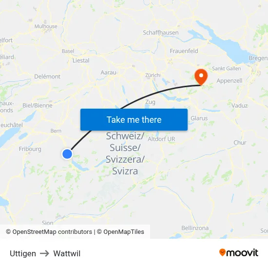 Uttigen to Wattwil map
