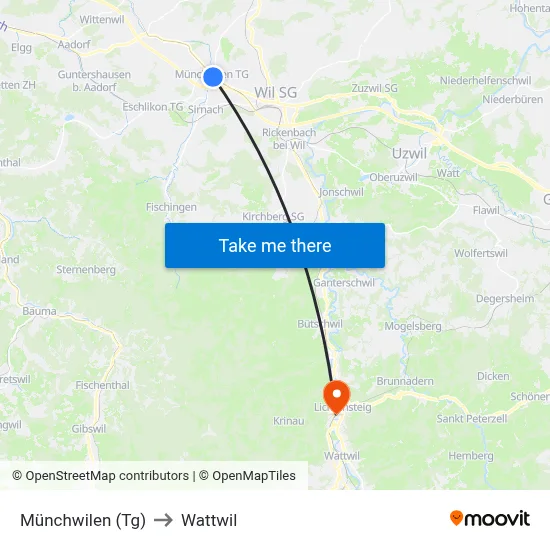 Münchwilen (Tg) to Wattwil map