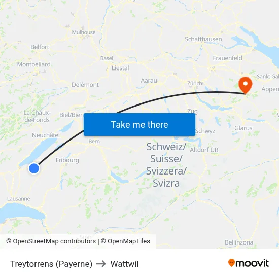 Treytorrens (Payerne) to Wattwil map