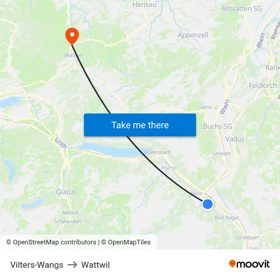 Vilters-Wangs to Wattwil map