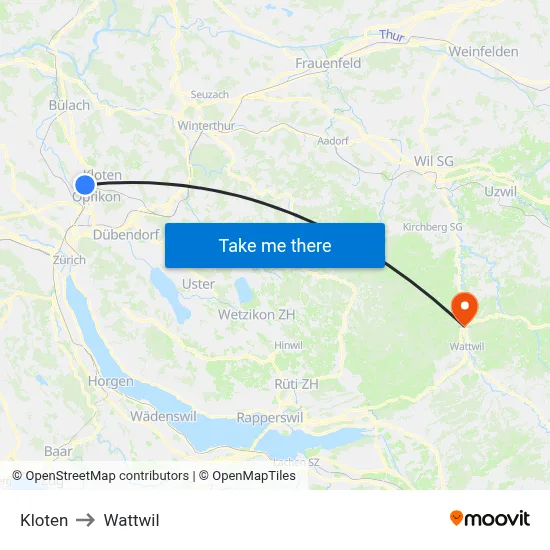 Kloten to Wattwil map