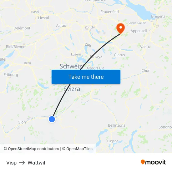 Visp to Wattwil map
