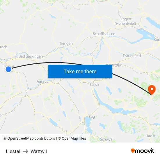 Liestal to Wattwil map