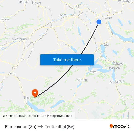 Birmensdorf (Zh) to Teuffenthal (Be) map