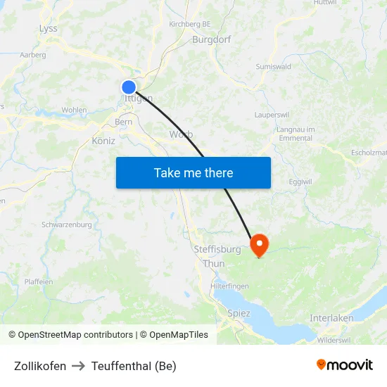 Zollikofen to Teuffenthal (Be) map