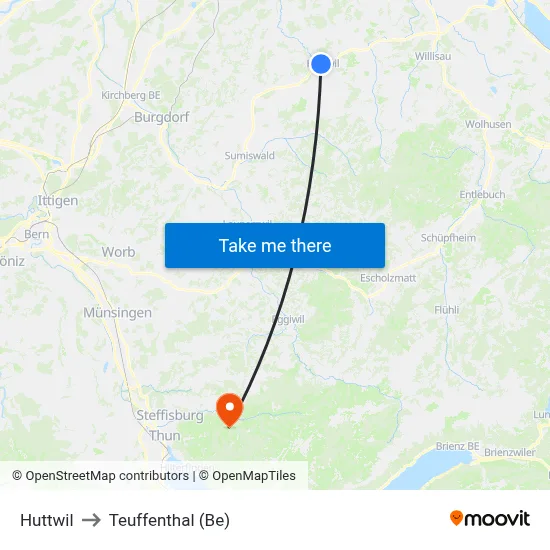 Huttwil to Teuffenthal (Be) map