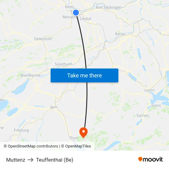 Muttenz to Teuffenthal (Be) map