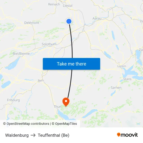 Waldenburg to Teuffenthal (Be) map