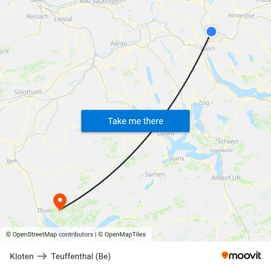 Kloten to Teuffenthal (Be) map