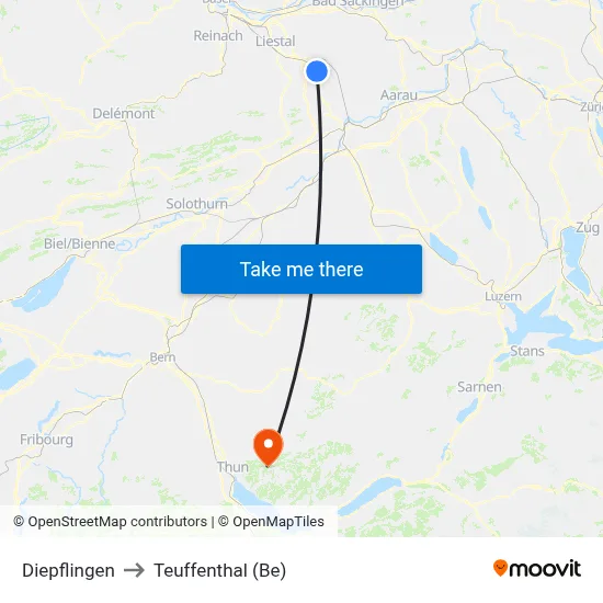 Diepflingen to Teuffenthal (Be) map