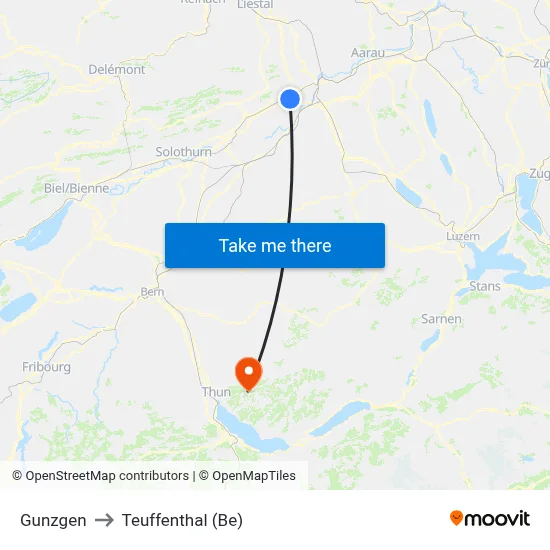 Gunzgen to Teuffenthal (Be) map